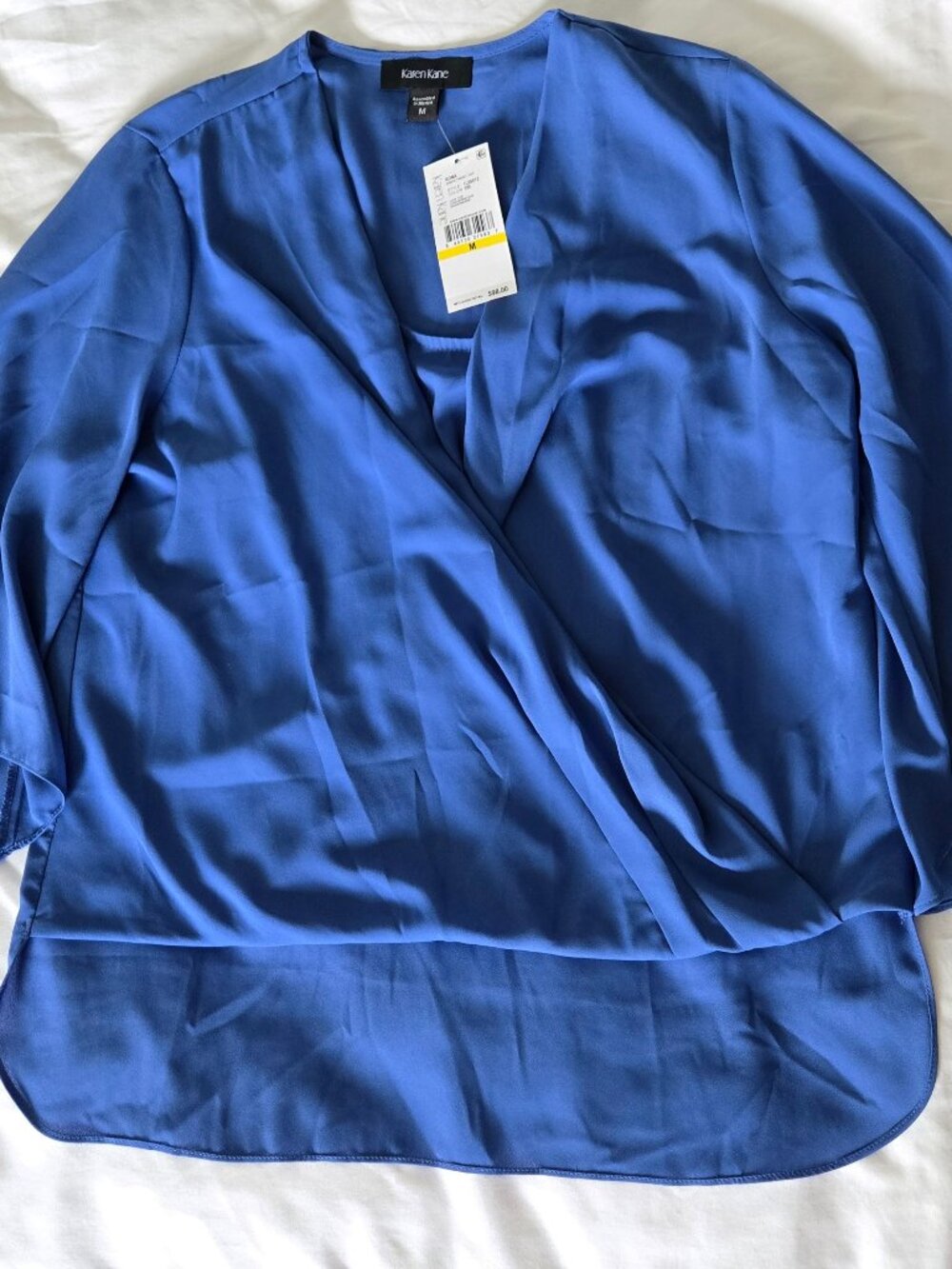 NWT Karen Kane Blue Blouse Drapey Crossover Wrap Front 3/4 Sleeve - M